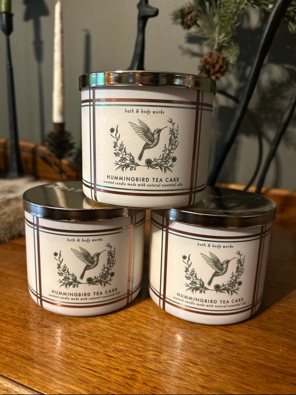 Bath & Body Works Hummingbird Tea Cake Candle Trio - Cream & Gold Accents